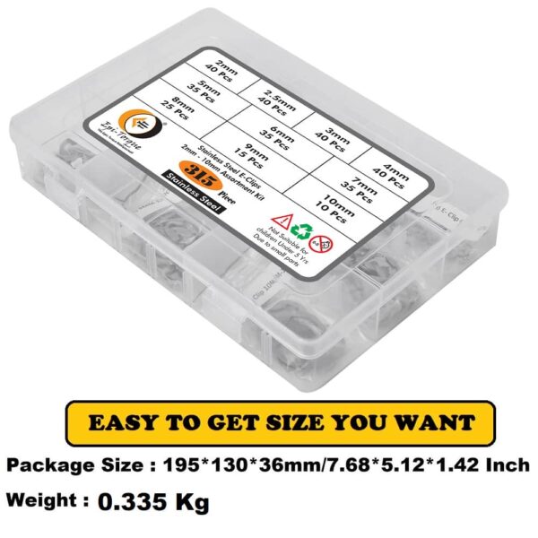 315-Pcs [10-Size] E-Clip 2mm-10mm Circlip External Retaining Ring Assortment Set - 304 Stainless Steel