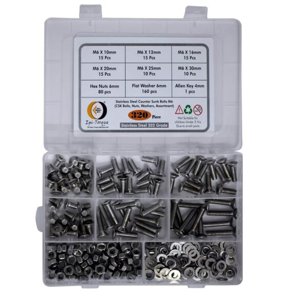320 Pcs Stainless Steel M6 Dia Socket CSK Flat Head Bolts With Matching Accessories Assortment Pack