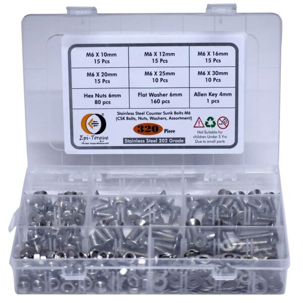 320 Pcs Stainless Steel M6 Dia Socket CSK Flat Head Bolts With Matching Accessories Assortment Pack