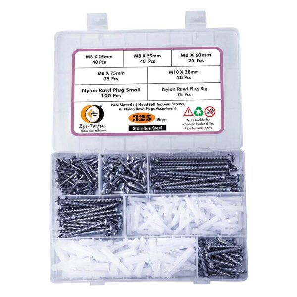 325 Pcs Stainless Steel PAN Slotted Head Screws Different sizes With Matching Rawl Plugs Assortment Pack