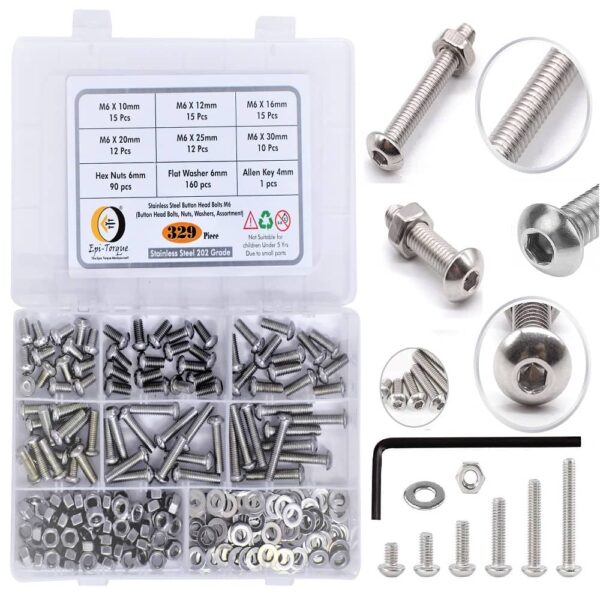 329-Pcs-M6-Dia-Stainless-Steel-Button-Head-Bolt-Assortment-Pack-1.jpg 329 Pcs Stainless Steel M6 Dia Socket Button Head Bolts With Matching Accessories Assortment Pack