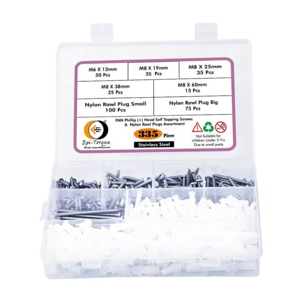 335 Pcs Stainless Steel PAN Phillip Plus Head Screws Different sizes With Matching Rawl Plugs Assortment Pack