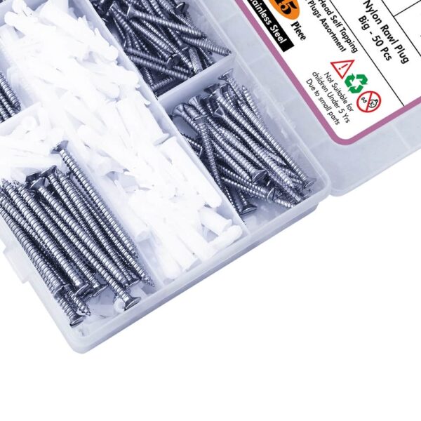 345 Pcs Stainless Steel CSK Slotted Head Screws Different sizes With Matching Rawl Plugs Assortment Pack