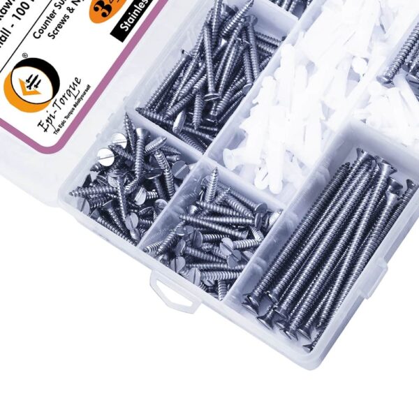 345 Pcs Stainless Steel CSK Slotted Head Screws Different sizes With Matching Rawl Plugs Assortment Pack