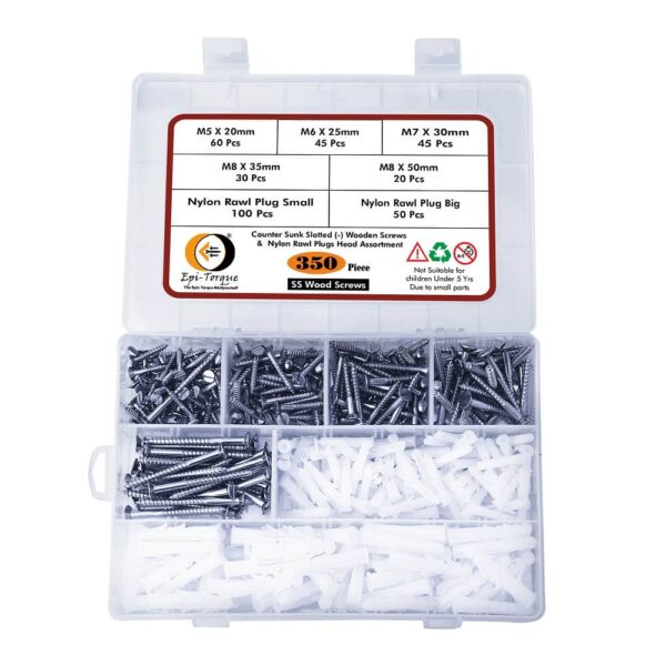 350 Pcs Stainless Steel Flat Slotted Head Wooden Screws Different sizes With Matching Rawl Plugs Assortment Pack