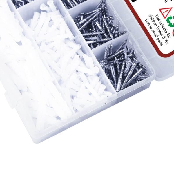 350 Pcs Stainless Steel Flat Slotted Head Wooden Screws Different sizes With Matching Rawl Plugs Assortment Pack
