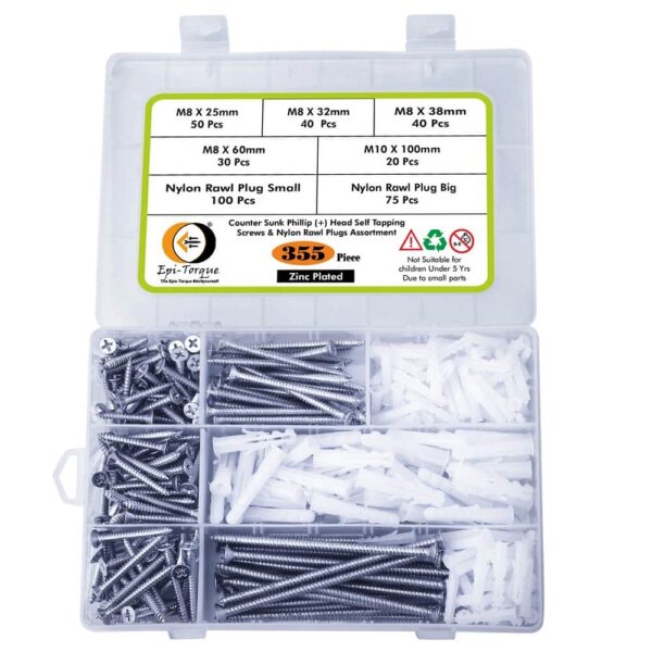 355 Pcs CSK Phillip Plus Head Zinc Plated Screws Different sizes With Matching Rawl Plugs Assortment Pack