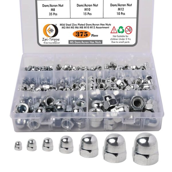 375-Zinc-Plated-Metric-Acorn-Cap-Nuts-Hex-Dome-Cap-Assortment-Kit-7-Sizes-M3-M4-M5-M6-M8-M10-M12-1.jpg 375 Pcs Zinc Plated Metric Acorn Cap Nuts Hex Dome Cap Assortment Kit, 7 Sizes - M3 M4 M5 M6 M8 M10 M12