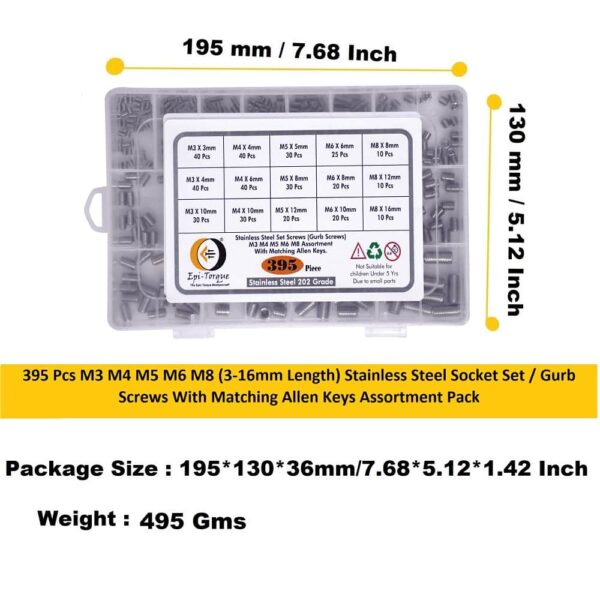 395 Pcs Stainless Steel Socket Set/Grub Screw 15 Sizes Assortment Pack