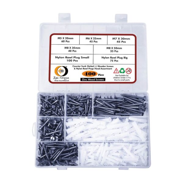 400-Pcs-Zinc-Plated-Slotted-Head-Wwooden-Screws-Assortment-Pack-Half-Threaded-2.jpg 400 Pcs Counter Sunk Slotted Minus Head Half Threaded Zinc Plated Wood Screws Different sizes With Matching Rawl Plugs Assortment Pack