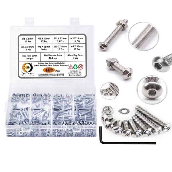412-Pcs-M5-Dia-Stainless-Steel-Button-Head-Bolt-Assortment-Pack-1.jpg 412 Pcs Stainless Steel M5 Dia Socket Button Head Bolts With Matching Accessories Assortment Pack