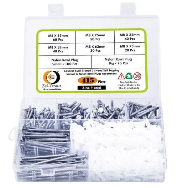 415 Pcs CSK Slotted Head Zinc Plated Screws Different sizes With Matching Rawl Plugs Assortment Pack