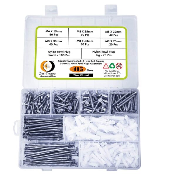 415 Pcs CSK Slotted Head Zinc Plated Screws Different sizes With Matching Rawl Plugs Assortment Pack