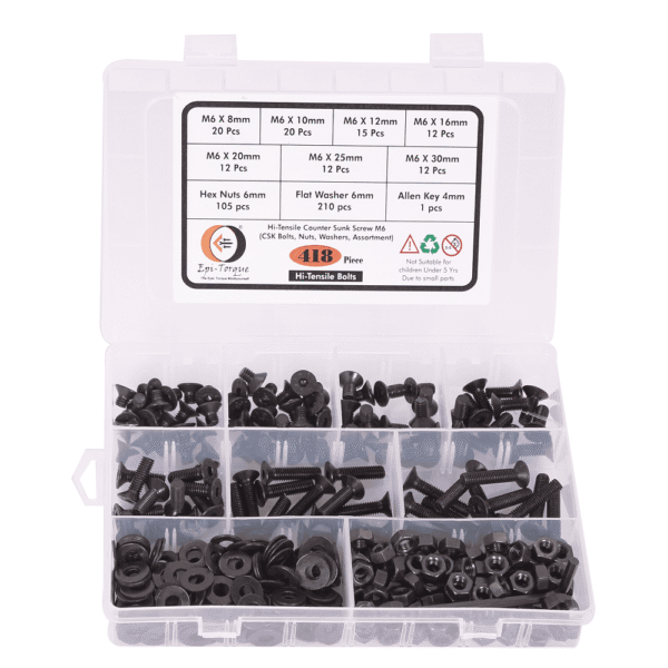 418-Pcs-M6-Dia-10.9-Grade-Hi-Tensile-Counter-Sunk-Bolts-Assortment-Pack-2.png 418 Pcs Hi Tensile M6 Dia Socket CSK Flat Head Bolts With Matching Accessories Assortment Pack