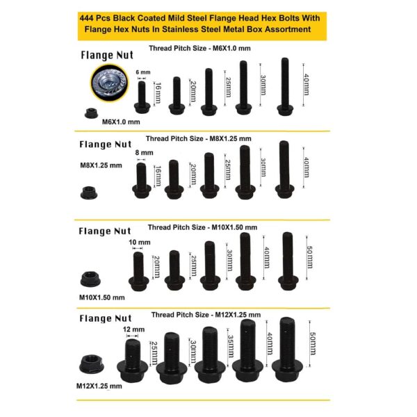 444-Pcs-Mild-Steel-Black-Coated-Flange-Hex-Bolts-M6-M8-M10-M12-Assortment-Pack-3.jpg 444 Pcs Mild Steel Black Coated M6, M8, M10, M12 Flange Bolts & Flange Nuts Assortment Pack