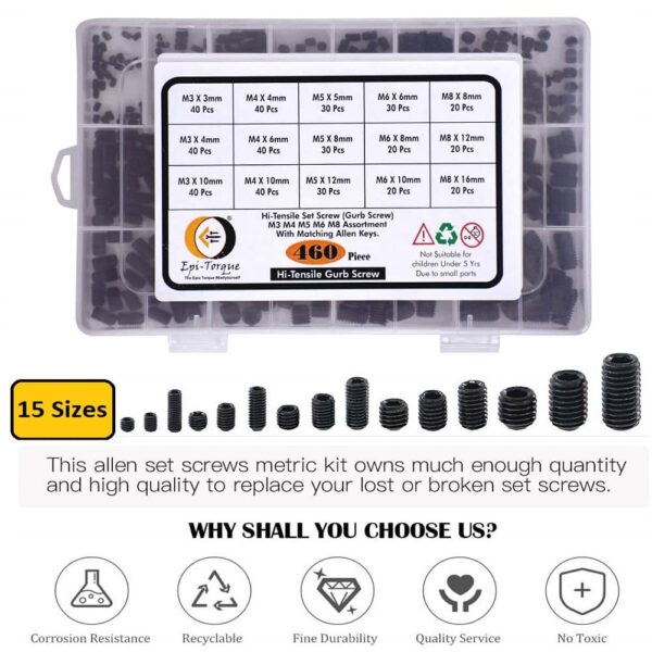 460 Pcs Hi-Tensile Socket Set/Grub Screw 15 Sizes Assortment Pack