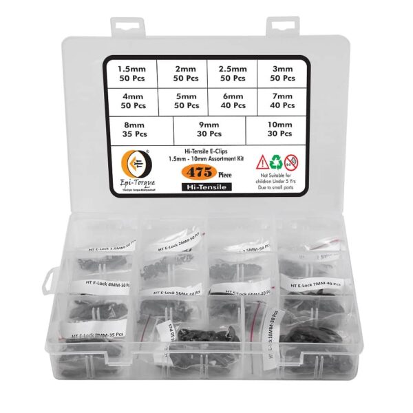 475 Pieces 11 Sizes Hi Tensile Black Alloy E-Clip 1.5mm-10mm External Retaining Ring Washer Assortment Pack