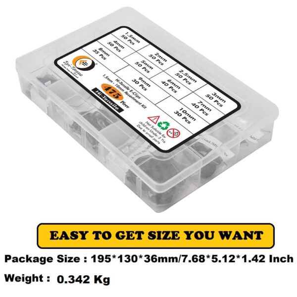 475 Pieces 11 Sizes Hi Tensile Black Alloy E-Clip 1.5mm-10mm External Retaining Ring Washer Assortment Pack