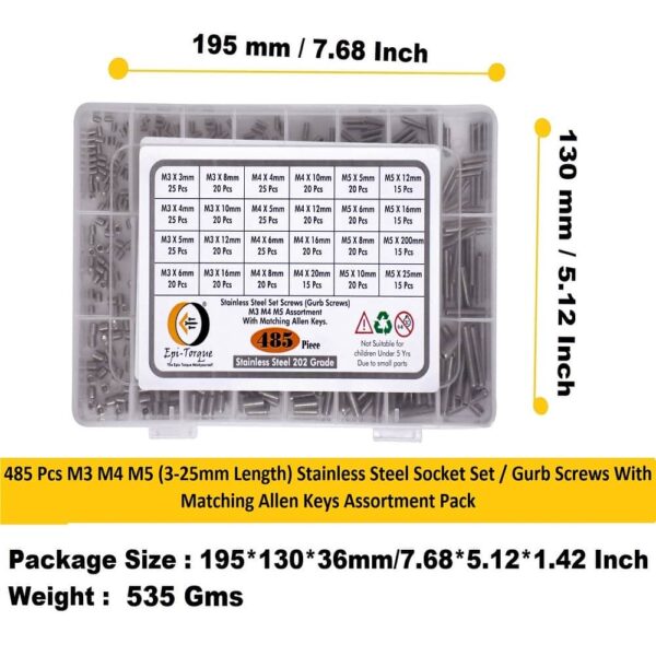 485 Pcs Stainless Steel Socket Set/Grub Screw 24 Sizes Assortment Pack