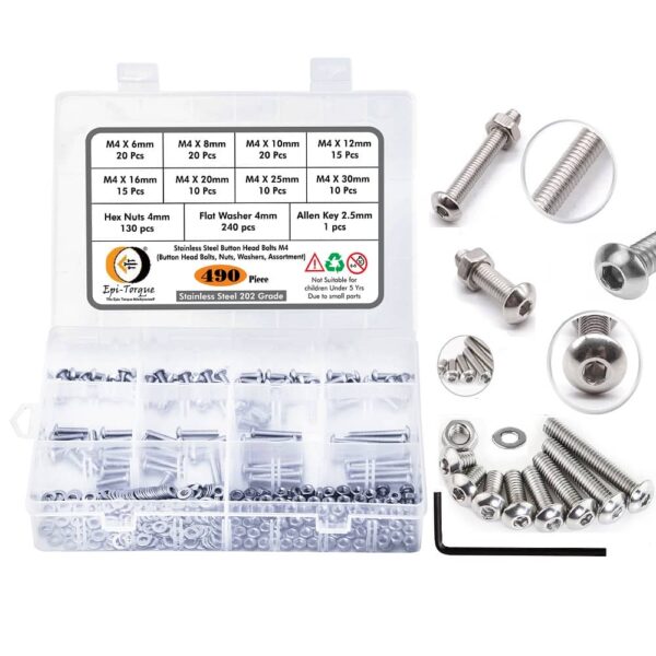 490 Pcs Stainless Steel M4 Dia Socket Button Head Bolts With Matching Accessories Assortment Pack