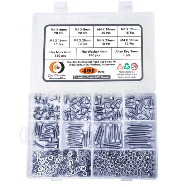 491-Pcs-M4-Dia-Stainless-Steel-Socket-Head-Allen-Bolts-Assortment-Pack-2.jpg 491 Pcs Stainless Steel M4 Dia Socket Head Allen Bolts With Matching Accessories Assortment Pack