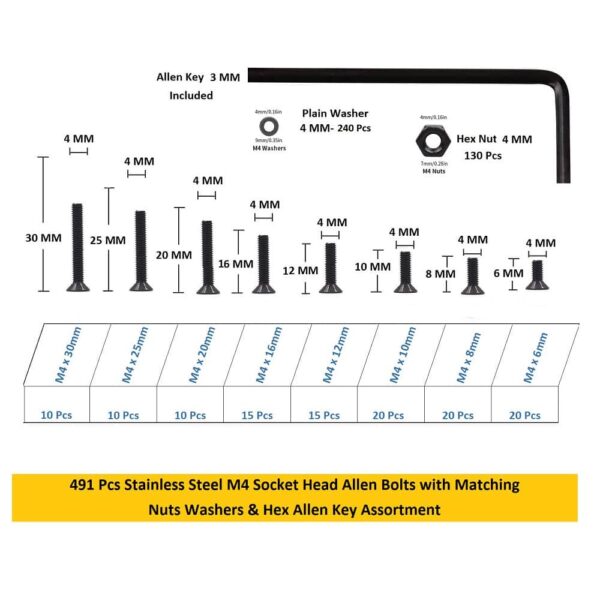 494 Pcs Hi Tensile M4 Dia Socket CSK Flat Head Bolts With Matching Accessories Assortment Pack