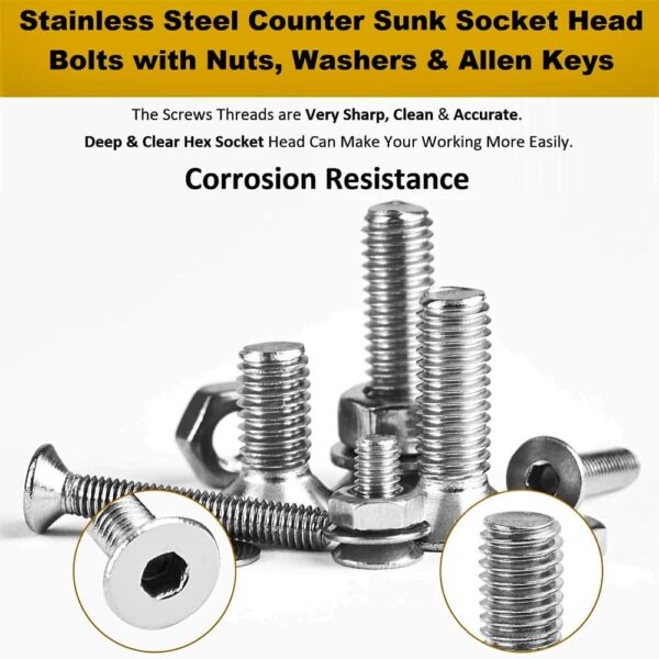 495 Pcs Stainless Steel M4 Dia Socket CSK Flat Head Bolts With Matching Accessories Assortment Pack