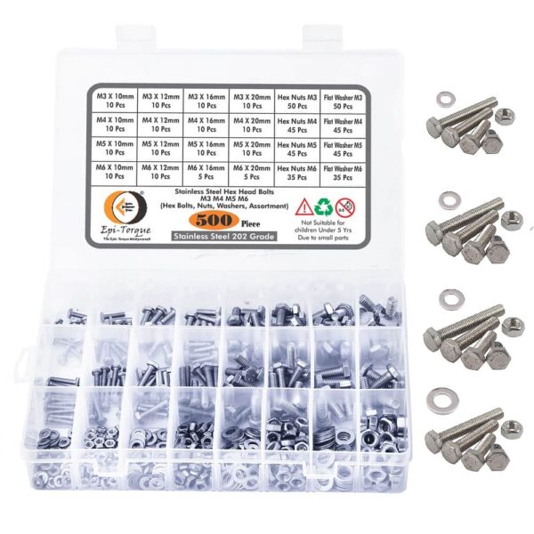 500-Pcs-M3-M4-M5-M6-Dia-Stainless-Steel-Hex-Head-Bolts-Nuts-Washers-Assortment-Pack-1.jpg 500 Pcs Stainless Steel M3 M4 M5 M6 Dia Hex Head Bolts With Matching Accessories Assortment Pack