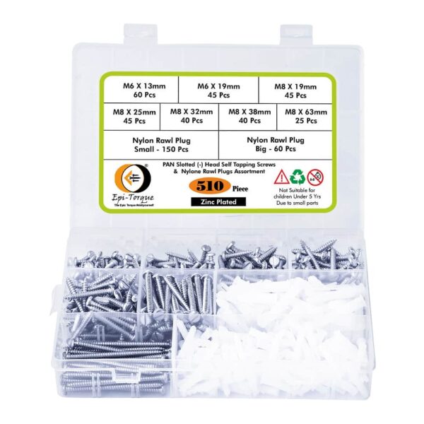 510 Pcs PAN Slotted Head Zinc Plated Screws Different sizes With Matching Rawl Plugs Assortment Pack