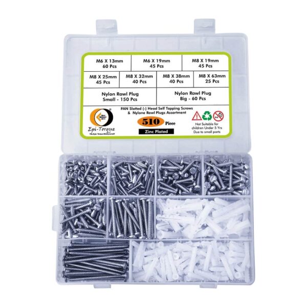 510 Pcs PAN Slotted Head Zinc Plated Screws Different sizes With Matching Rawl Plugs Assortment Pack