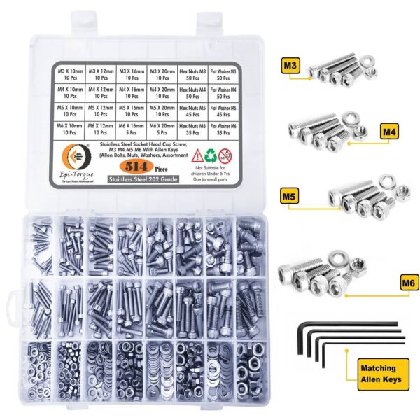 514 Pcs Stainless Steel M3 M4 M5 M6 Dia Socket Head Allen Bolts With Matching Accessories Assortment Pack
