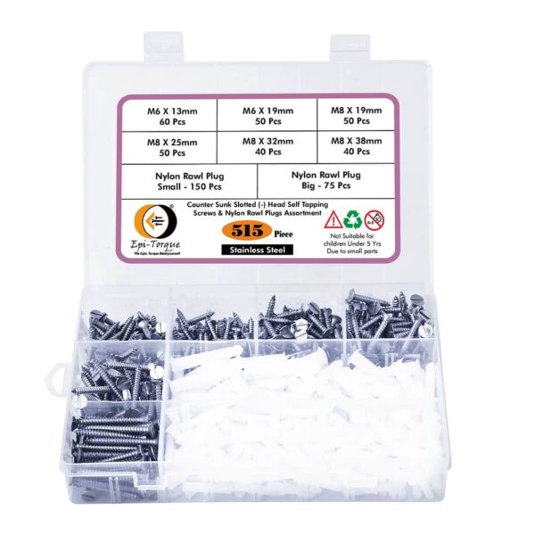 515 Pcs Stainless Steel CSK Slotted Head Screws Different sizes With Matching Rawl Plugs Assortment Pack