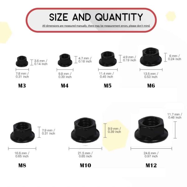 51jvPvpZRL._SL1100_.jpg 672 Pcs Mild Steel Black Coated Flange Nuts 7 Sizes M3-M12 Assortment Pack