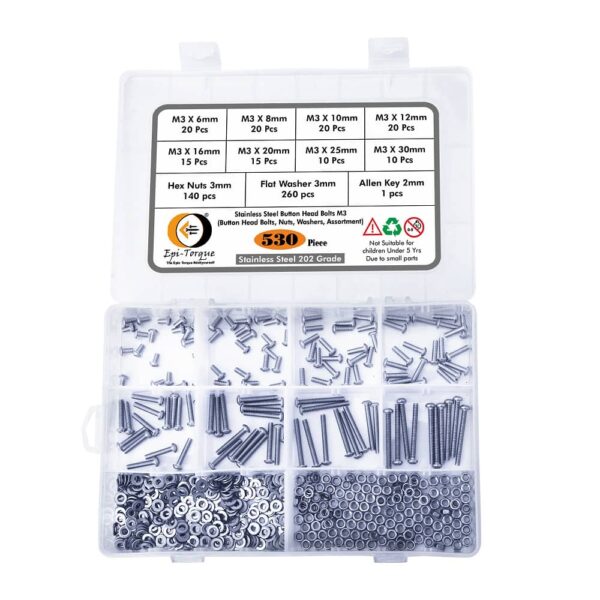 530 Pcs Stainless Steel M3 Dia Socket Button Head Bolts With Matching Accessories Assortment Pack