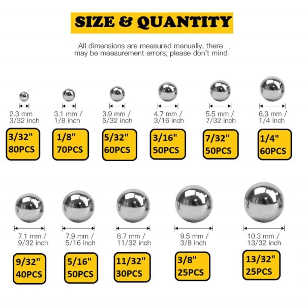 540-Pcs-High-Chrome-High-Carbon-Steel-Balls-SAE-Series-Assortment-Pack-4.jpg 540 Pcs 11 Size 3/32''-13/32'' SAE Precision Chrome Steel Assorted Loose Bicycle Bearing Ball Assortment Kit (SAE)