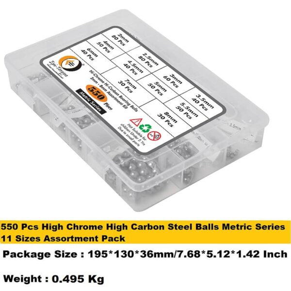 550-Pcs-High-Chrome-High-Carbon-Steel-Balls-Metric-Series-Assortment-Pack-7.jpg 550 Pcs 11 Size 2-8MM Metric Precision Chrome Steel Assorted Loose Bicycle Bearing Ball Assortment Kit (Metric)