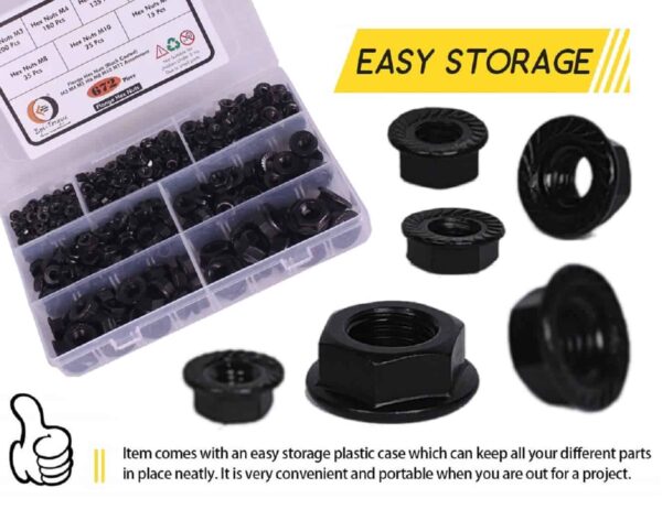 617Idw-XzL._SL1331_.jpg 672 Pcs Mild Steel Black Coated Flange Nuts 7 Sizes M3-M12 Assortment Pack