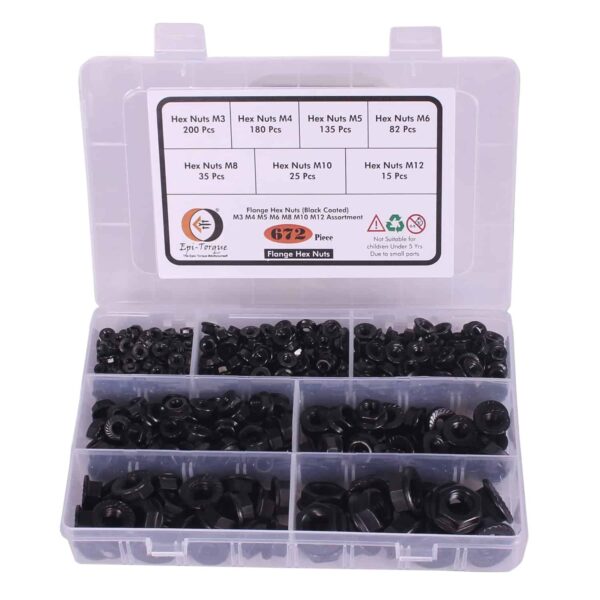 712cf8fbQdL._SL1500_.jpg 672 Pcs Mild Steel Black Coated Flange Nuts 7 Sizes M3-M12 Assortment Pack