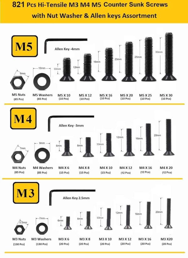 821 Pcs Hi Tensile M3 M4 M5 Dia Socket CSK Flat Head Bolts With Matching Accessories Assortment Pack