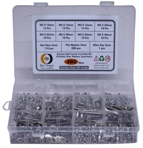 405 Pcs Stainless Steel M5 Dia Socket CSK Flat Head Bolts With Matching Accessories Assortment Pack