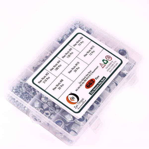 718jBO8mYyL._SL1500_.jpg 662 Pcs Mild Steel Zinc Plated Metric Nylon Insert Lock Nut 7 Sizes M3 - M12 Assortment Pack