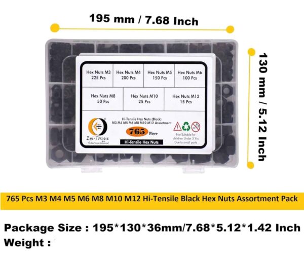765 Pcs Hi Tensile Hexagonal Nuts 7 Sizes M3-M12 Assortment Pack