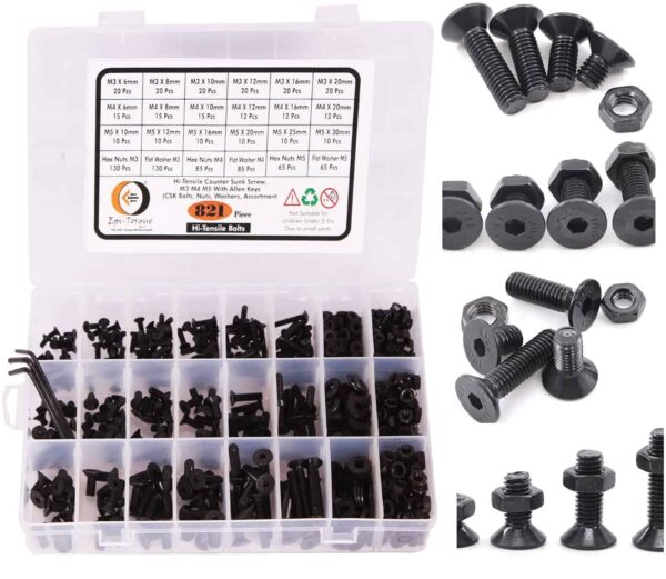 821 Pcs Hi Tensile M3 M4 M5 Dia Socket CSK Flat Head Bolts With Matching Accessories Assortment Pack