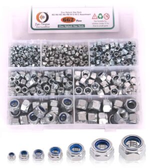 662 Pcs Mild Steel Zinc Plated Metric Nylon Insert Lock Nut 7 Sizes M3 - M12 Assortment Pack