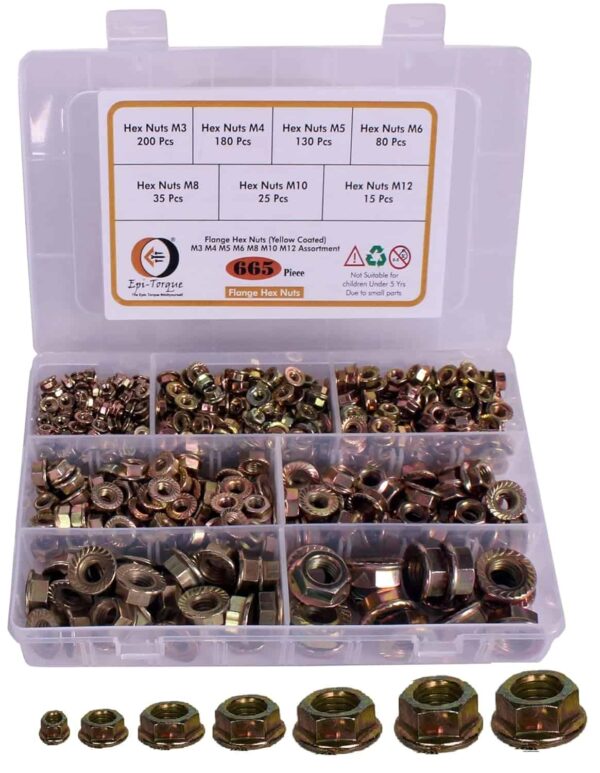 71gWqvllY1L._SL1500_.jpg 665 Pcs Mild Steel Yellow Plated Flange Nuts 7 Sizes M3-M12 Assortment Pack