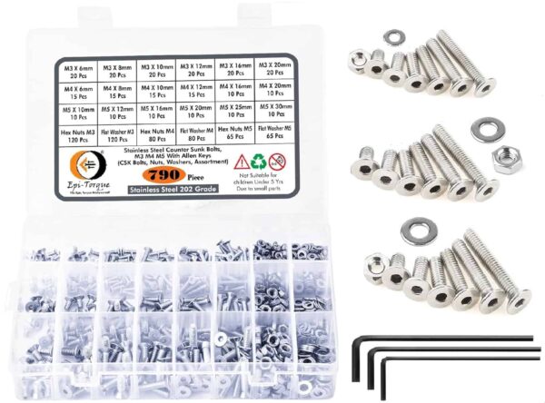 71kaaSbTVNL._SL1500_.jpg 790 Pcs Stainless Steel M3 M4 M5 Dia Socket CSK Flat Head Bolts With Matching Accessories Assortment Pack