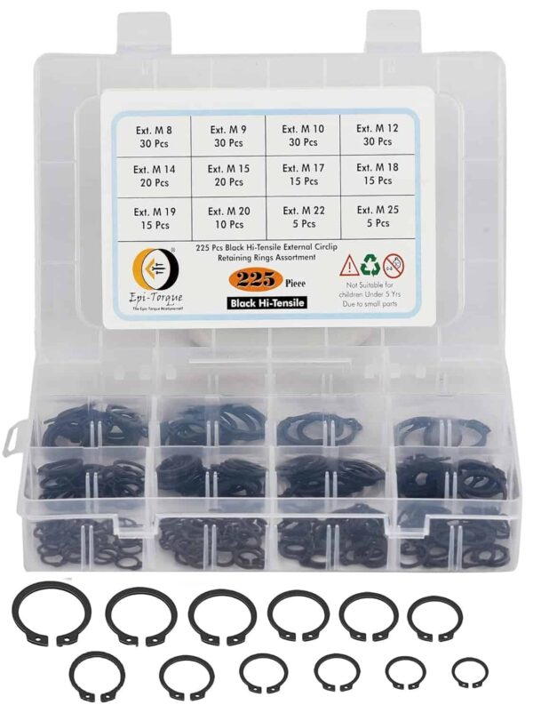 225 Pcs Hi Tensile External Circlip 12 Sizes 8-25mm Assortment Pack