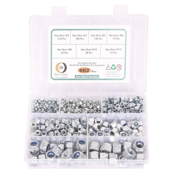 71p7YJIlQgL._SL1500_.jpg 662 Pcs Mild Steel Zinc Plated Metric Nylon Insert Lock Nut 7 Sizes M3 - M12 Assortment Pack