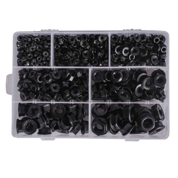 71x9NIEsQJL._SL1500_.jpg 672 Pcs Mild Steel Black Coated Flange Nuts 7 Sizes M3-M12 Assortment Pack