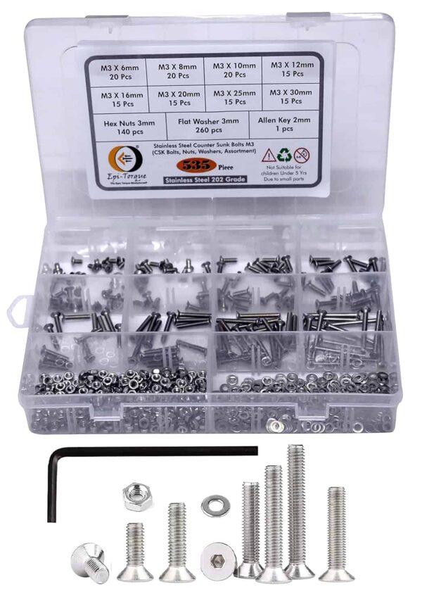 817CBU24N5S._SL1500_.jpg 535 Pcs Stainless Steel M3 Dia Socket CSK Flat Head Bolts With Matching Accessories Assortment Pack